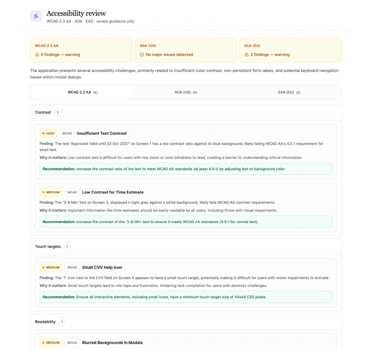 Accessibility findings mapped to recognized standards.