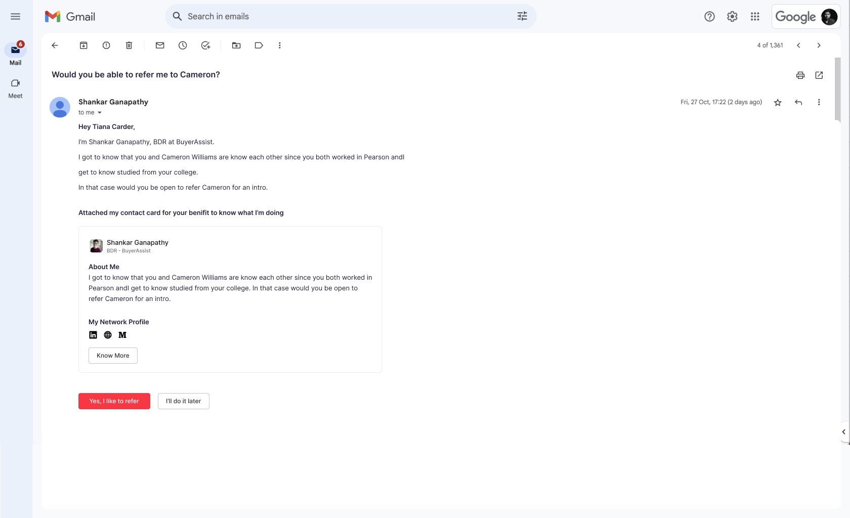 Generated referral request ready for the connector to approve.