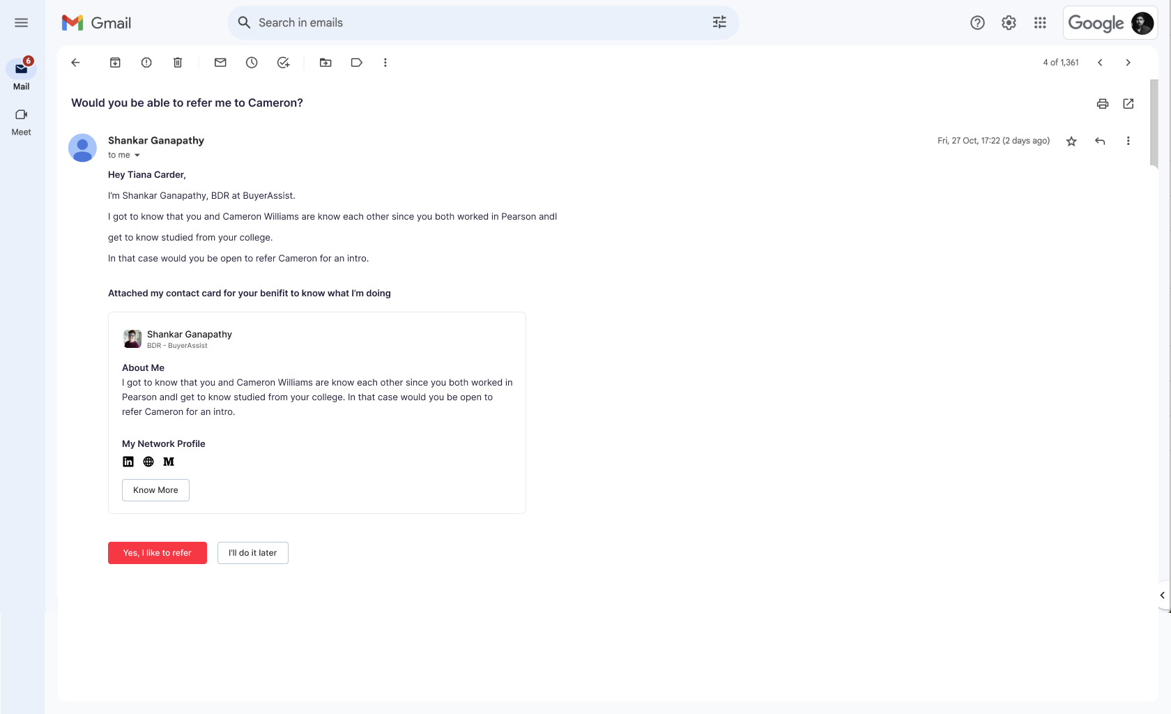Referral email received with the relationship context and response actions.