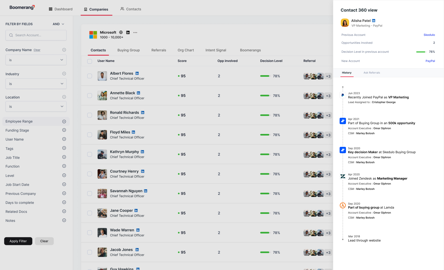 Contact 360 showing a contact profile and the shared history behind the relationship score.