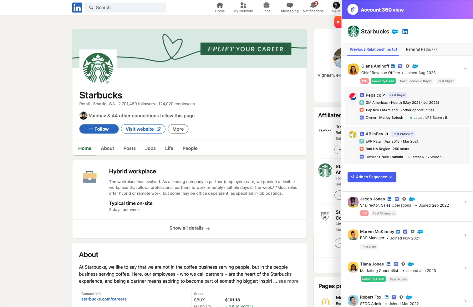 Chrome extension expanded to show existing and referral relationships for a target account.