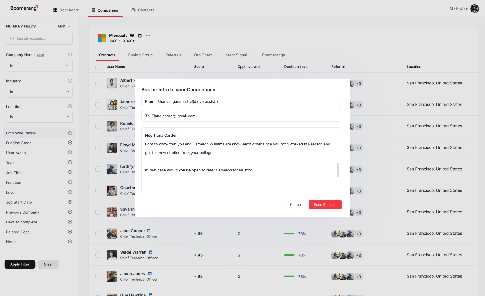 Editable referral request drafted by Boomerang for a salesperson to approve.