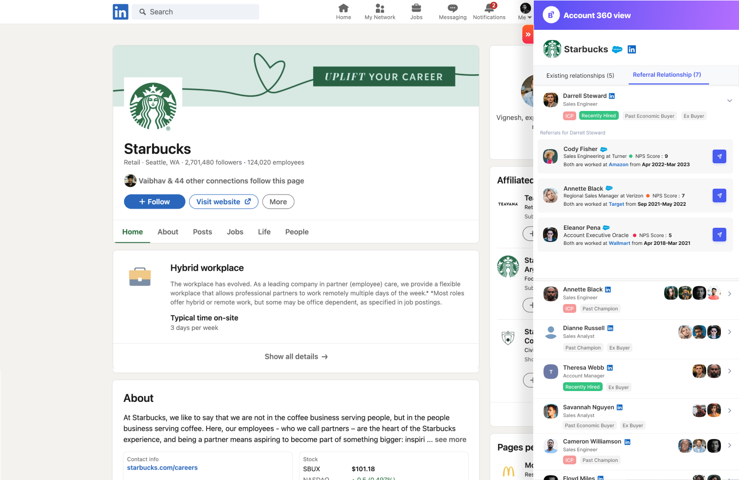 LinkedIn extension showing ranked referral relationships and an action to request an introduction.