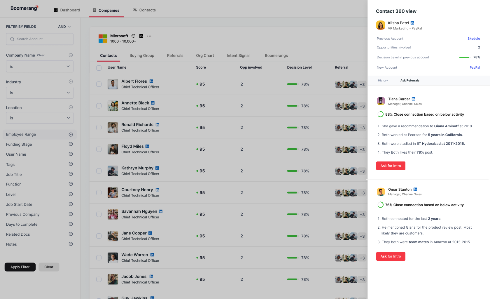 Contact 360 referral view showing ranked connectors and evidence behind each relationship.