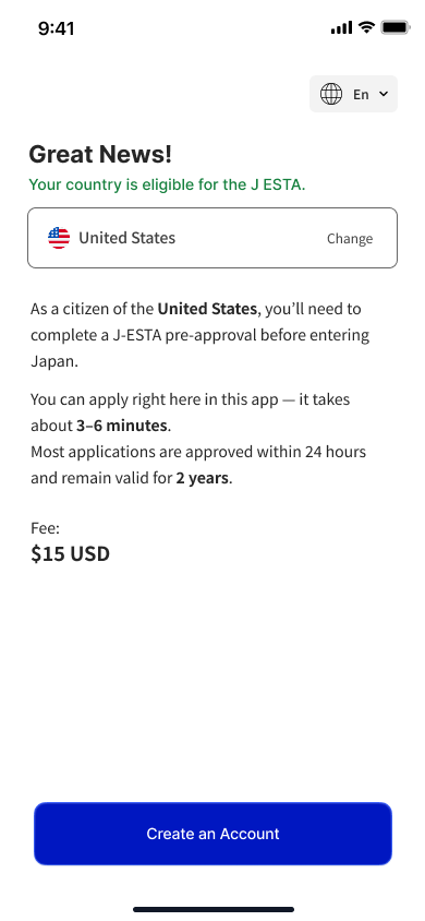 Eligibility confirmation with fee, processing time, and validity.