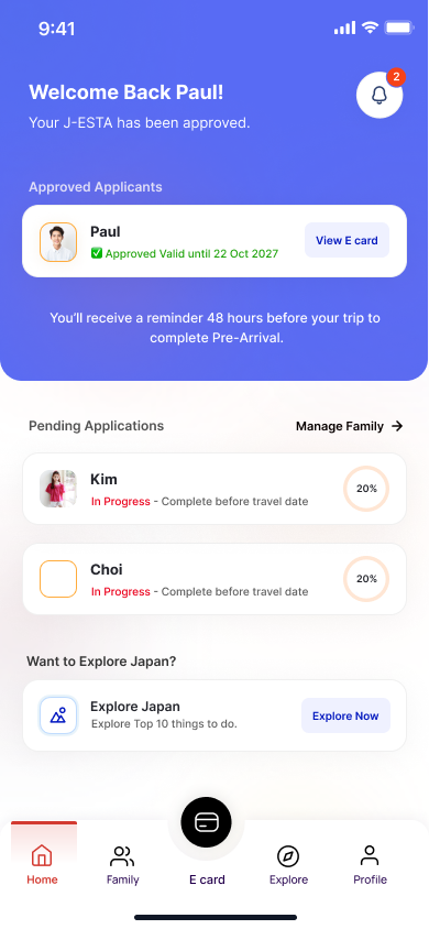 Approved and pending family applications managed from one home screen.