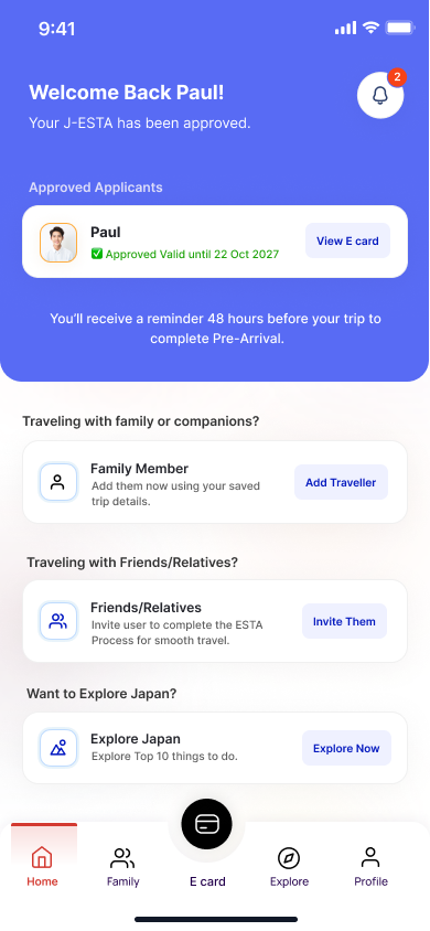 Approved traveler home with options to add family or invite companions.