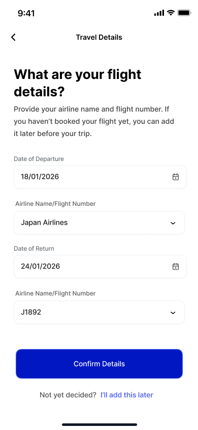Departure and return flight details.