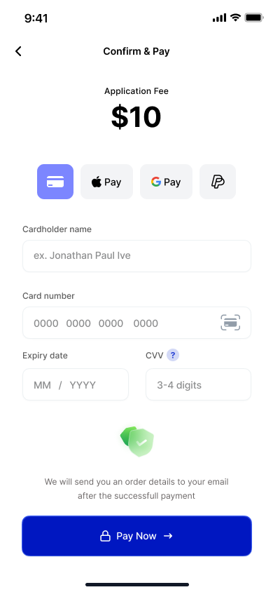 Application payment with card and digital wallet options.