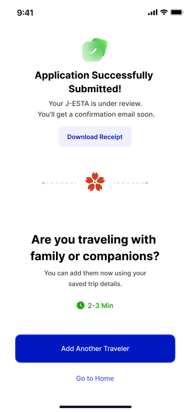 Successful application submission with family invitation option.