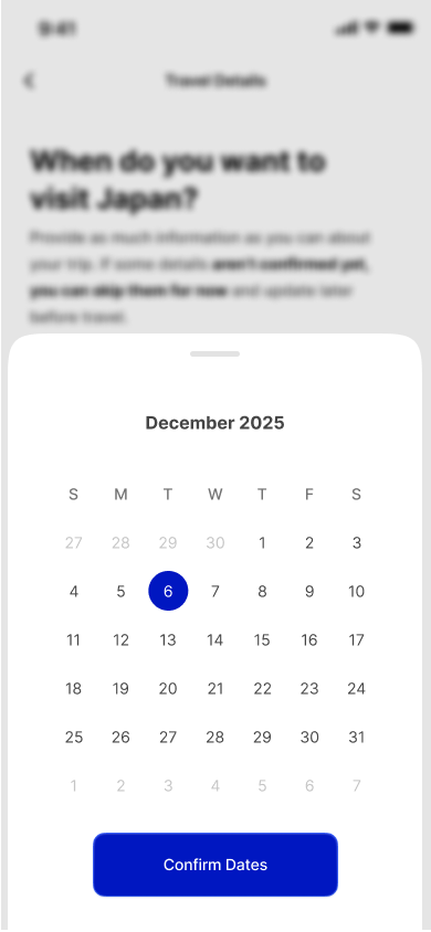 Calendar date picker for the Japan trip.