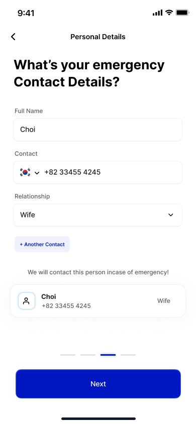 Emergency contact details and relationship.