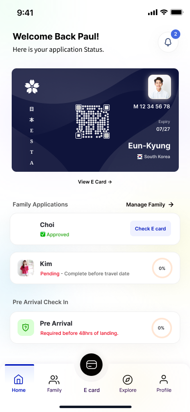 Approved traveler dashboard with E-Card, family status, and pre-arrival check-in.
