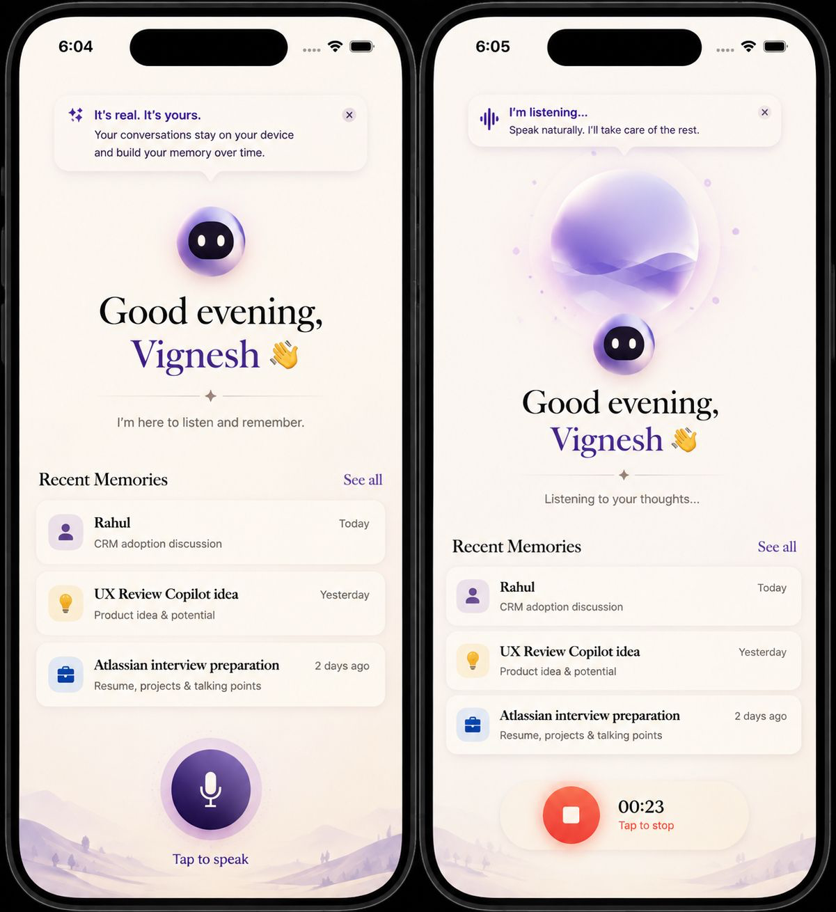 Personal Assistant mobile interface for listening and remembering