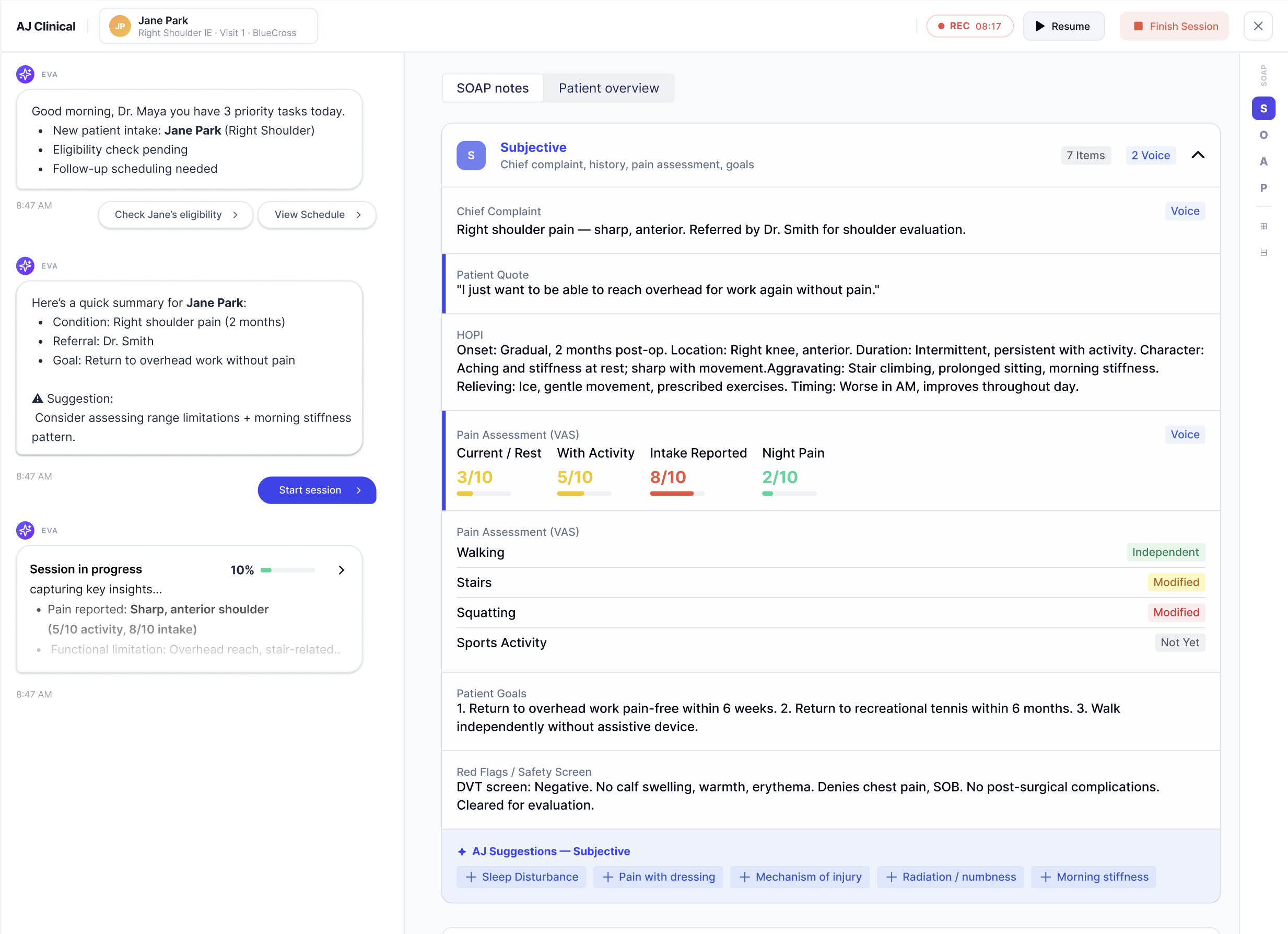 Final split-screen direction with therapist chat and scribe console.
