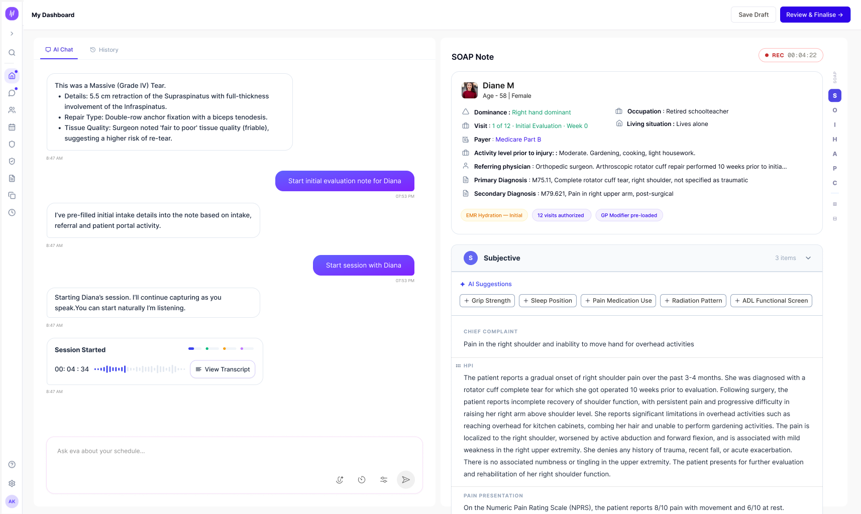 Split-screen WebPT clinical experience with AI chat and a structured SOAP note.