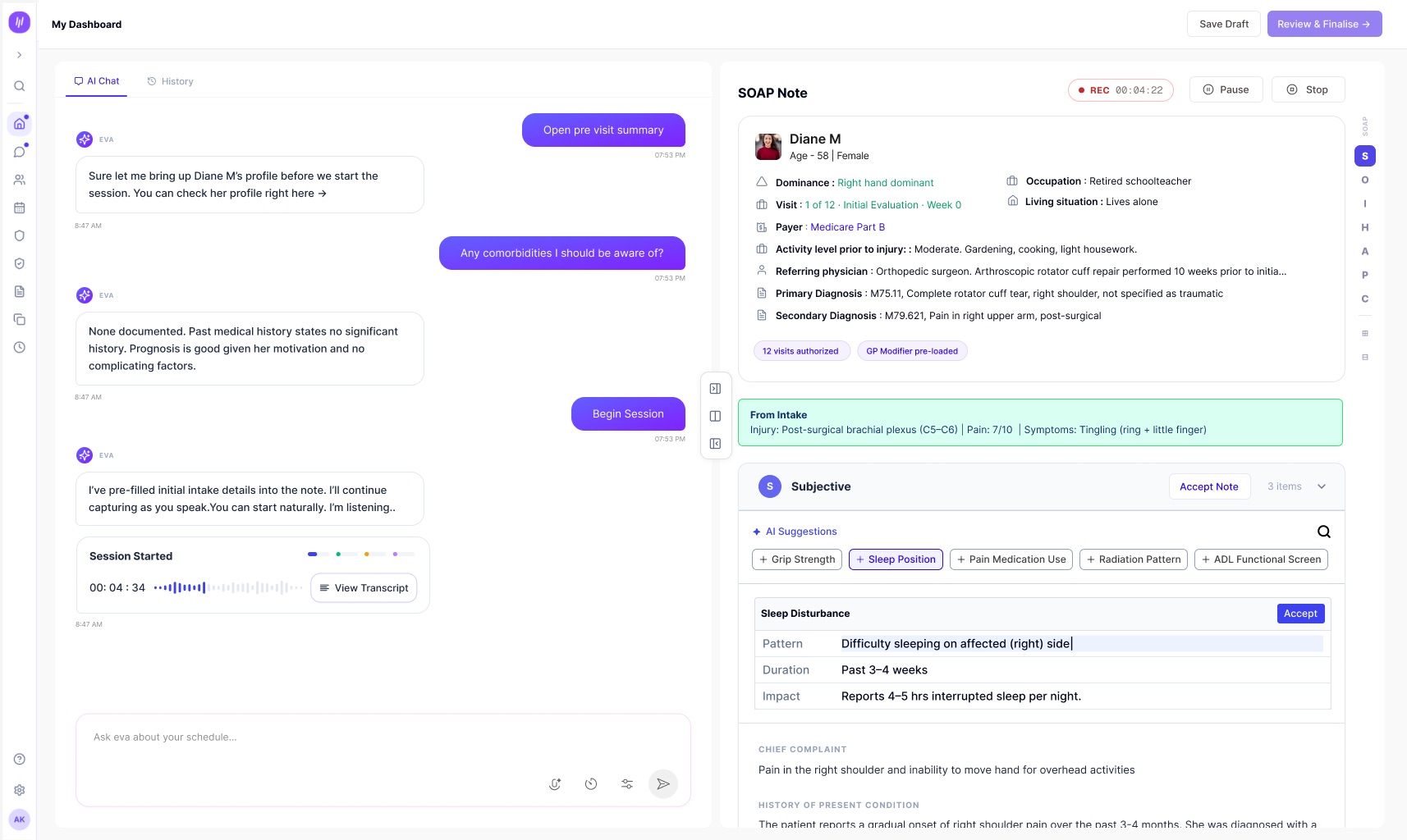 Visit workflow with clinical context and documentation.