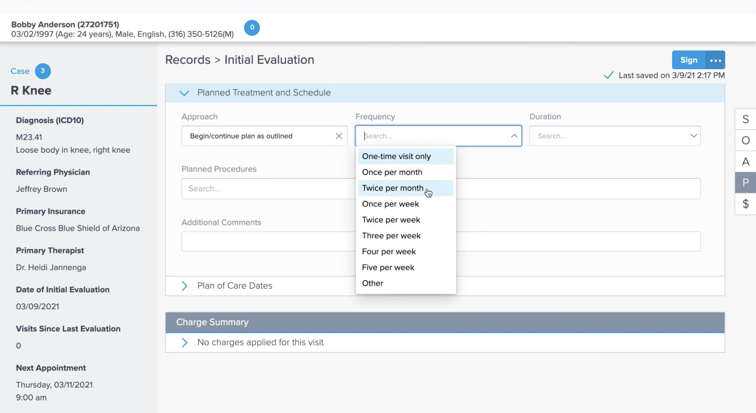 Legacy ERP-style clinical documentation form.