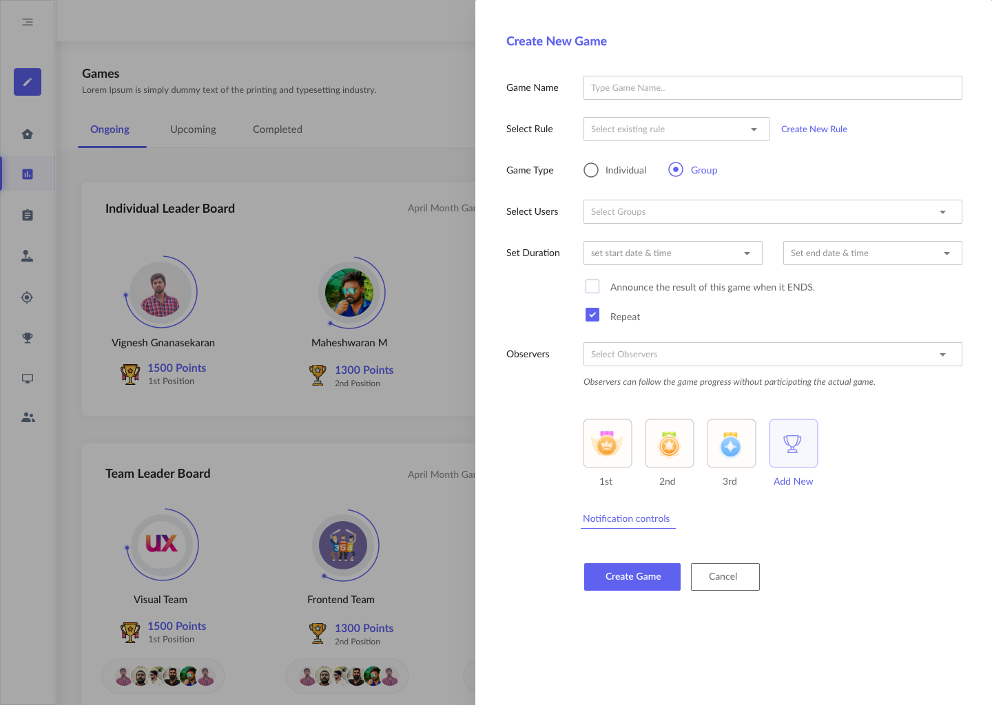 Create Game workflow using an existing CRM scoring rule, teams, dates, observers, and awards.