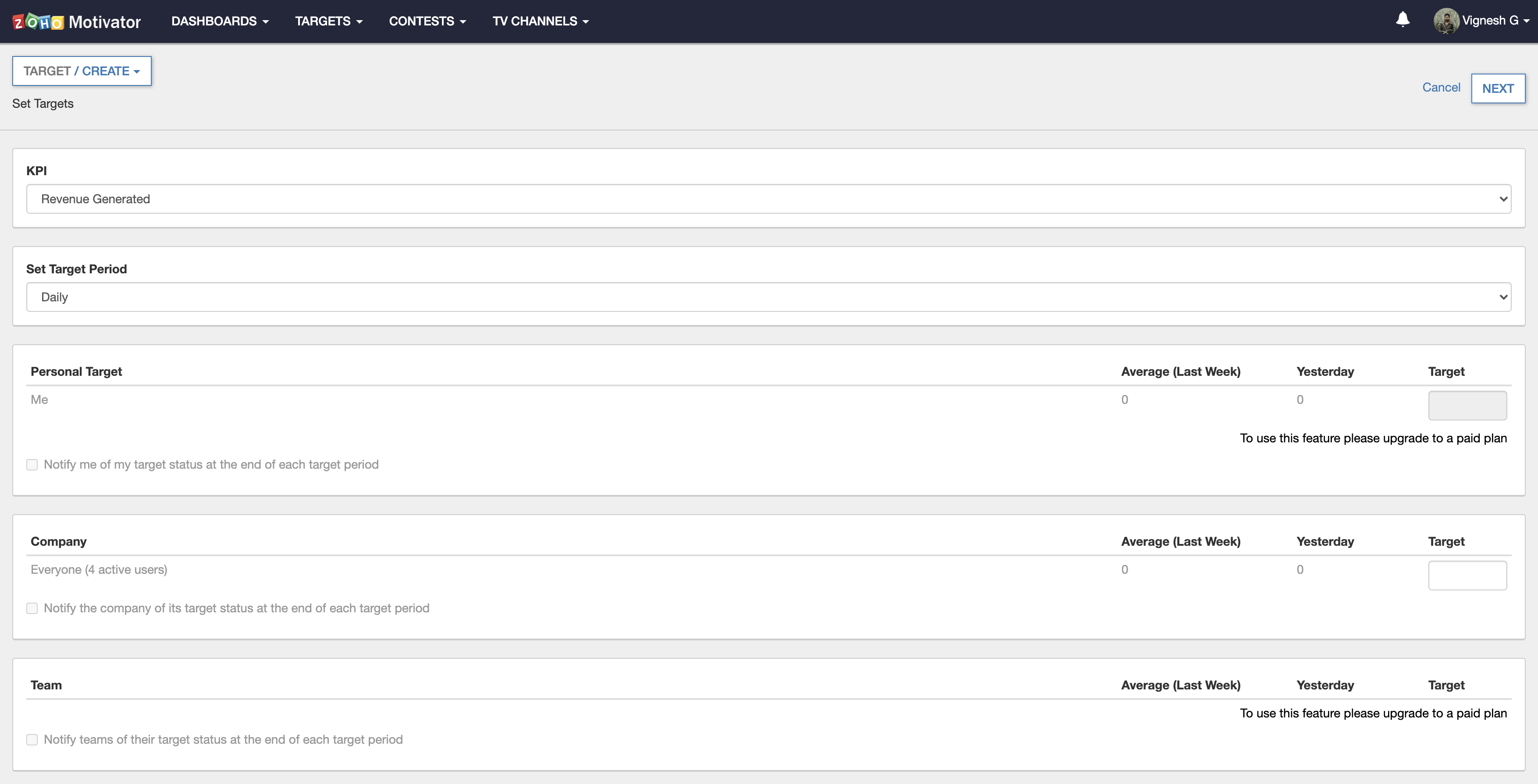 Legacy target setup page with fixed KPI, period, and organisation-level values.