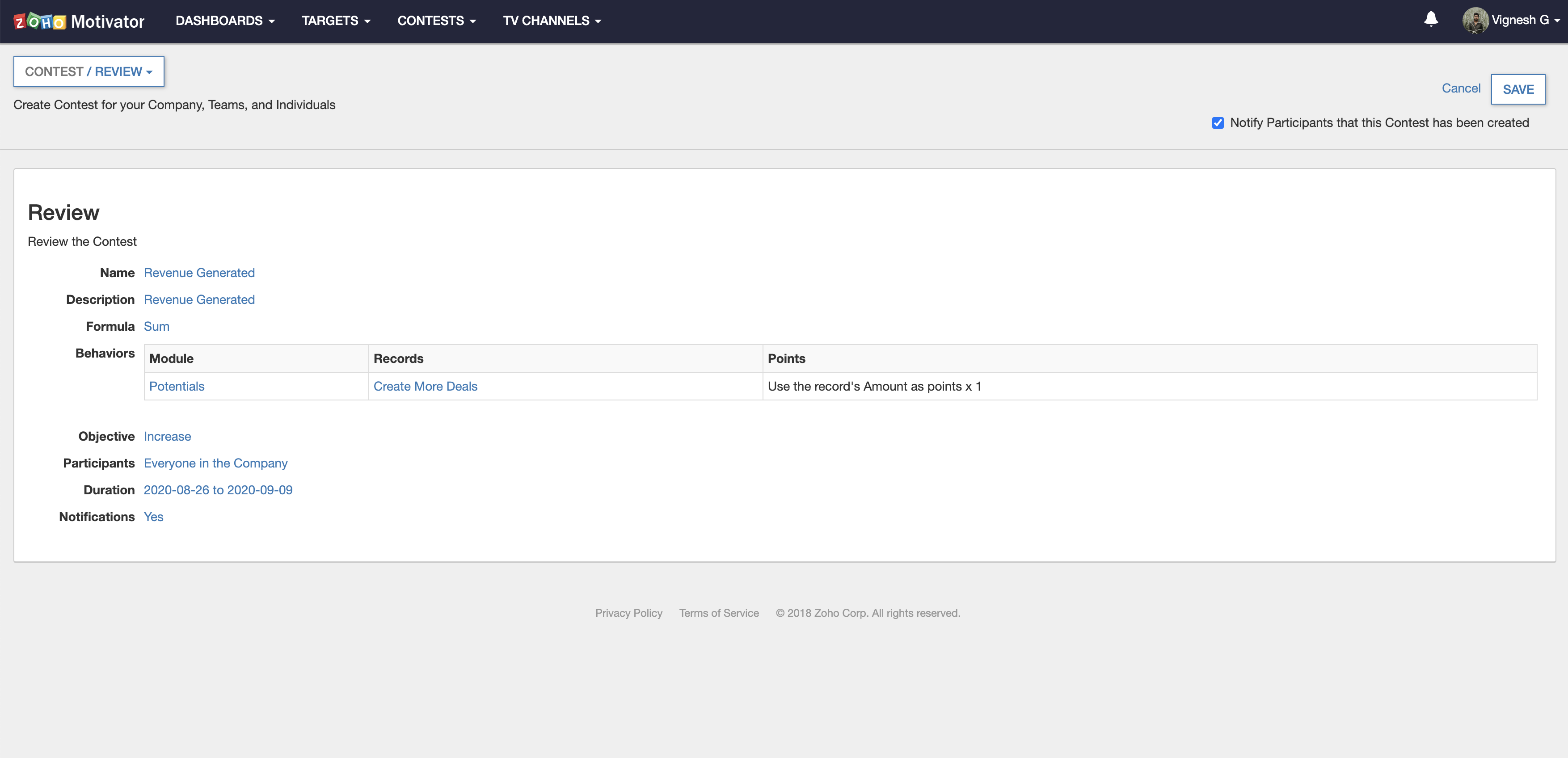 Legacy contest review page showing a fixed behaviour, points formula, participants, and duration.