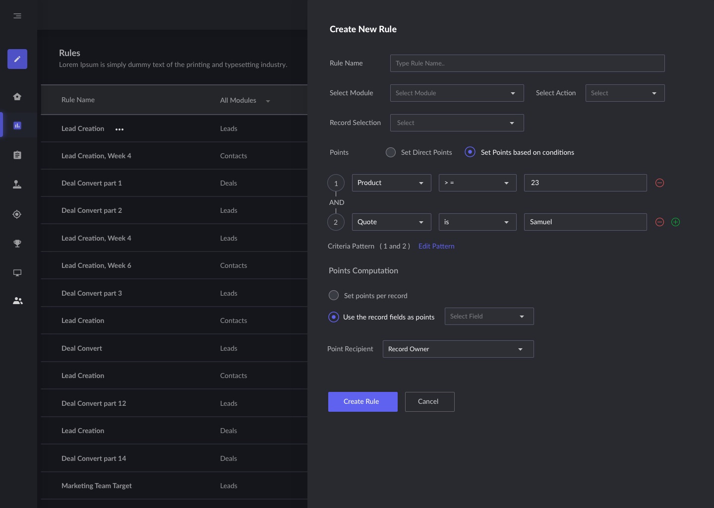 Dark-theme rule configuration and points computation.