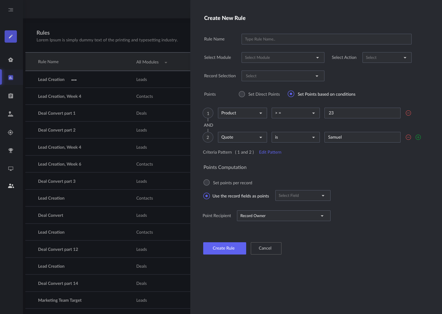 Configurable Sales Motivator rule builder with CRM module, action, criteria, and point computation.