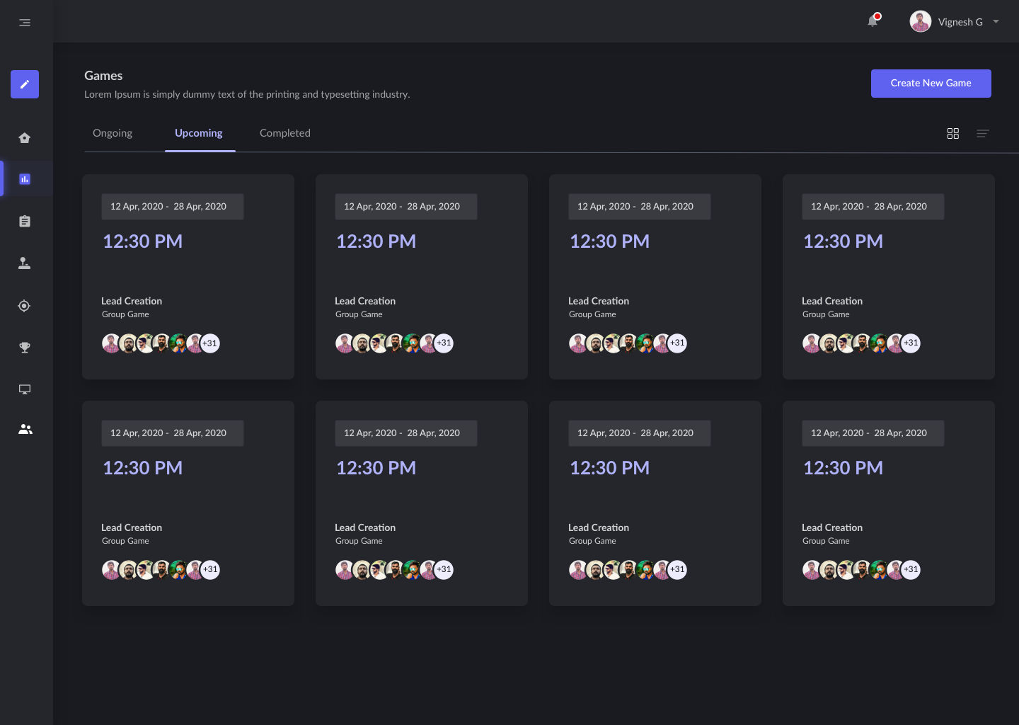 Upcoming games dashboard showing scheduled competitions and participant context.
