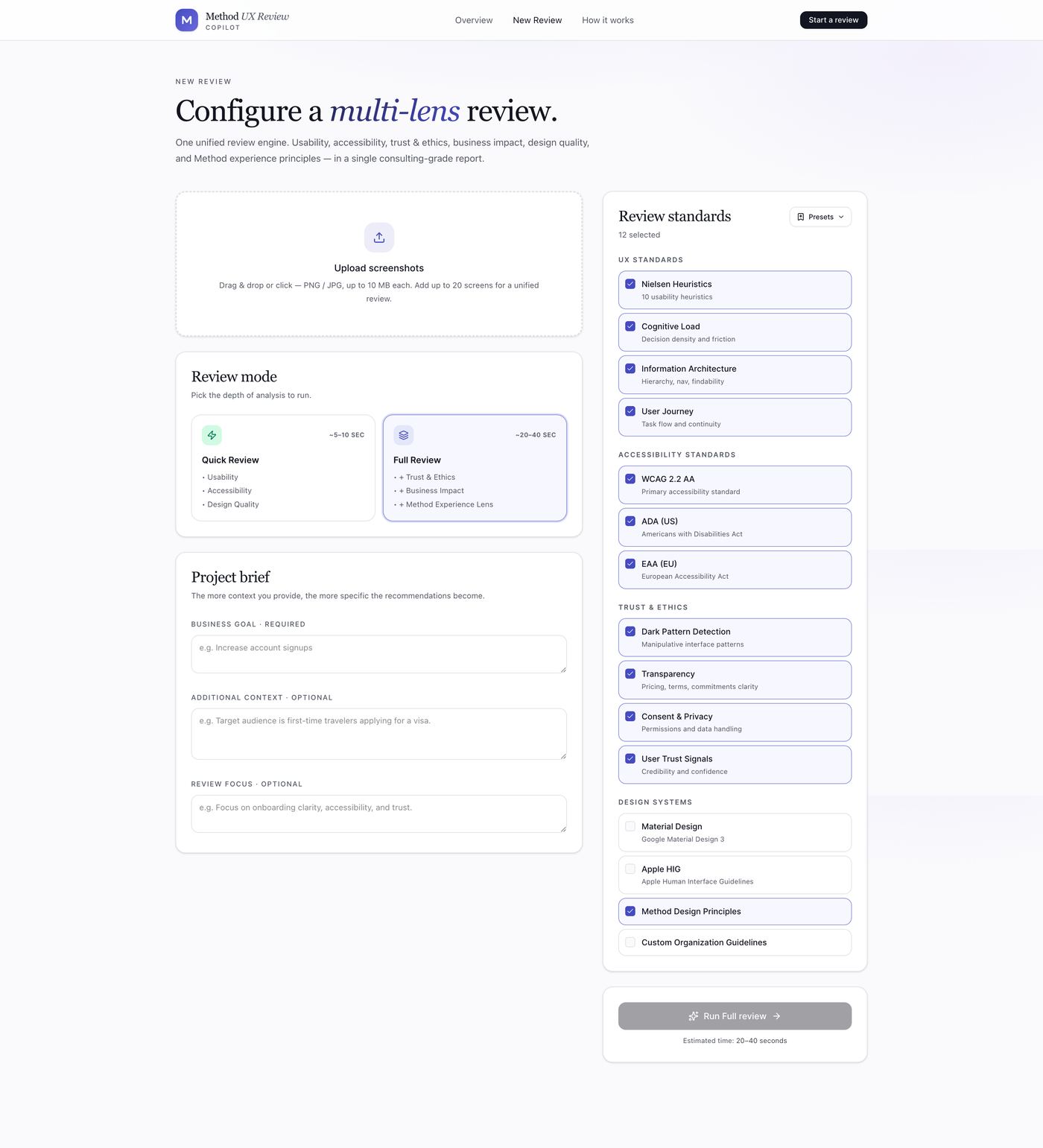 New review configuration screen showing selectable review standards across UX, accessibility, trust and ethics, and design systems
