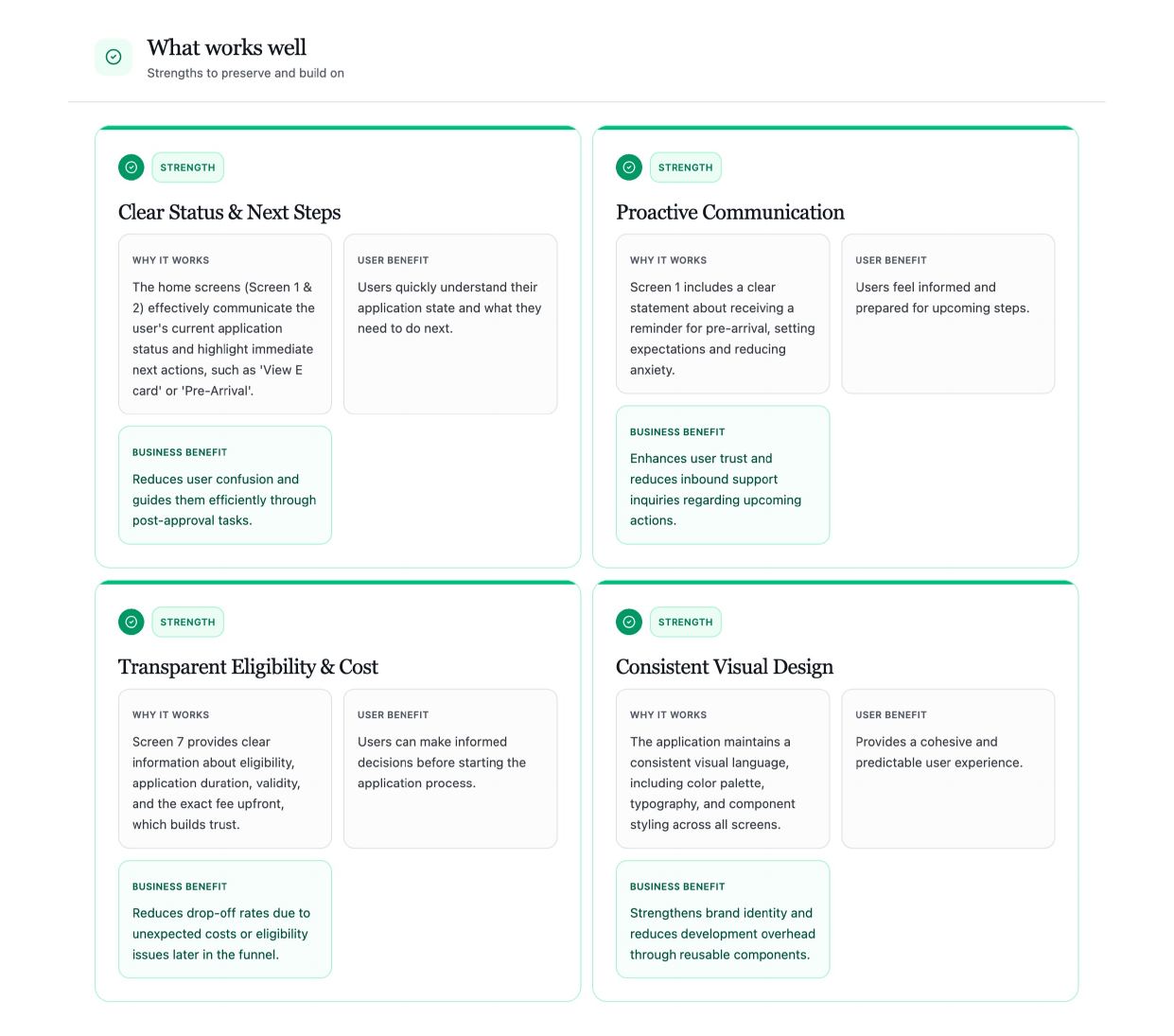 Four design strengths worth preserving, each with why it works and its business benefit