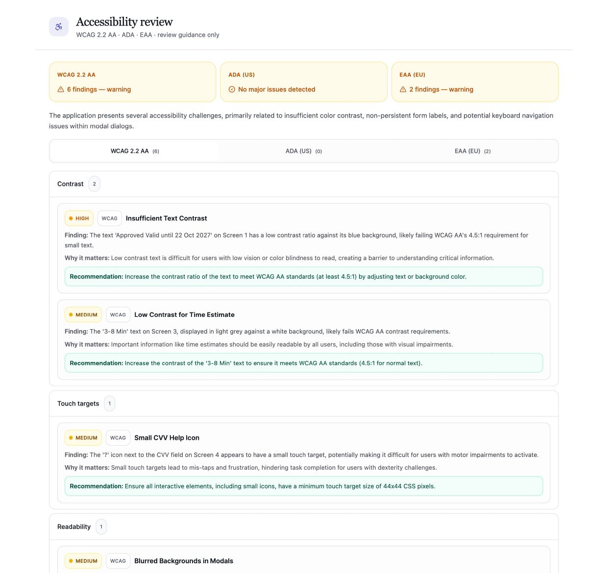 Accessibility review mapped to WCAG 2.2 AA, ADA, and EAA standards, broken down by contrast and touch target findings