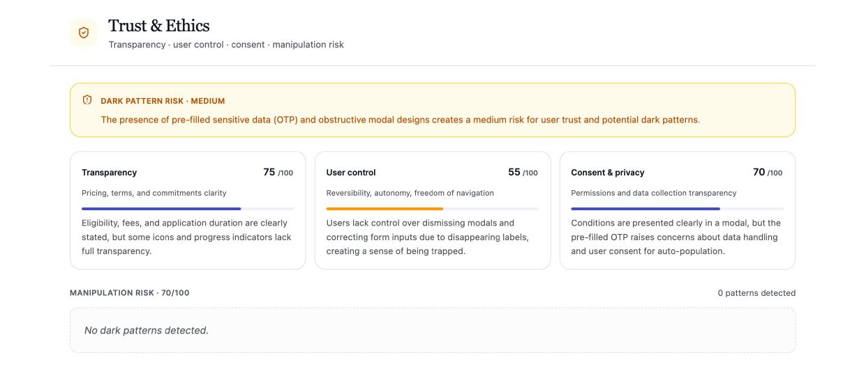 Trust and ethics review showing transparency, user control, and consent scores, plus dark pattern risk
