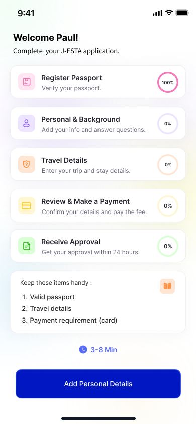 J-ESTA home screen with digital E-Card active