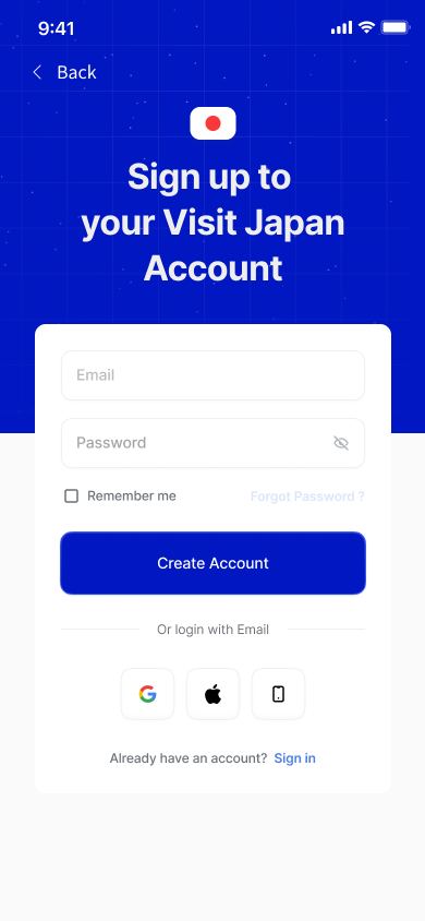 J-ESTA create account screen