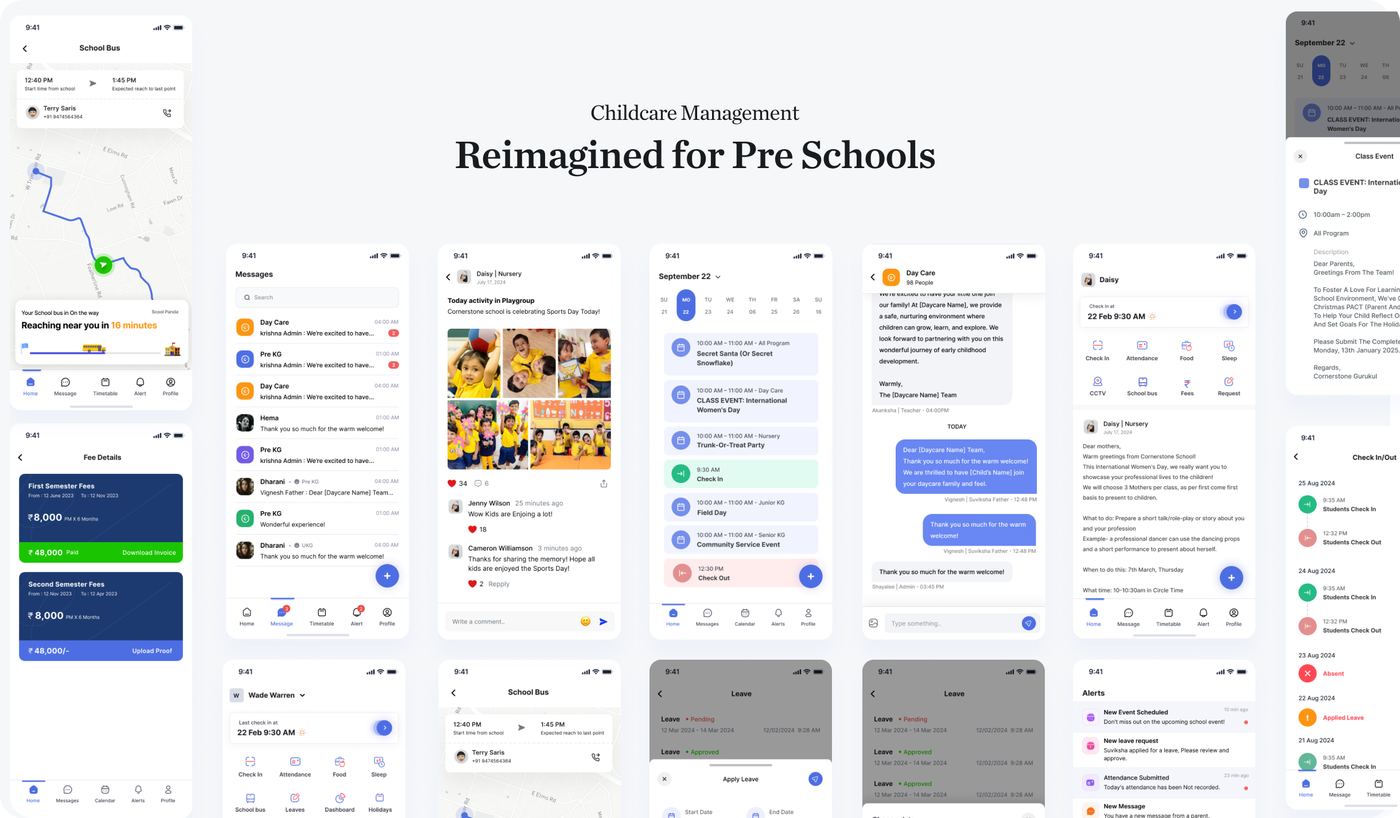 Scool Panda product overview - parent, teacher, and admin screens