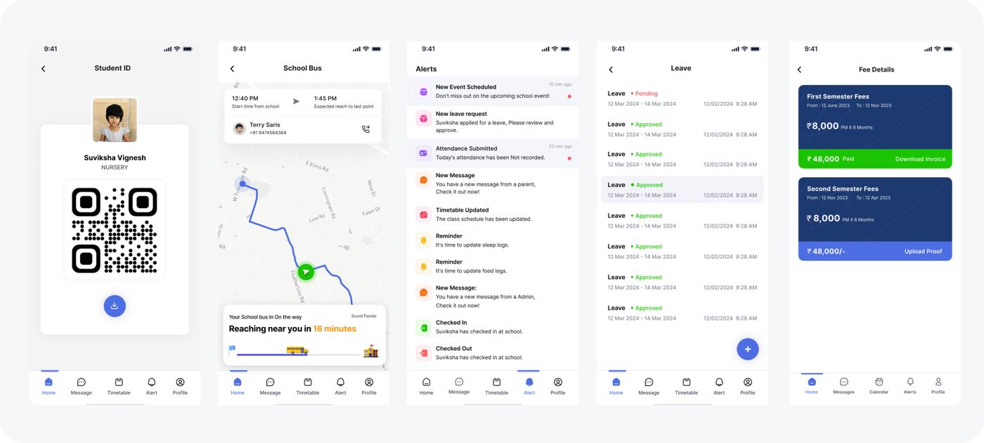 Scool Panda parent app - student ID, school bus tracking, alerts, leave, fees