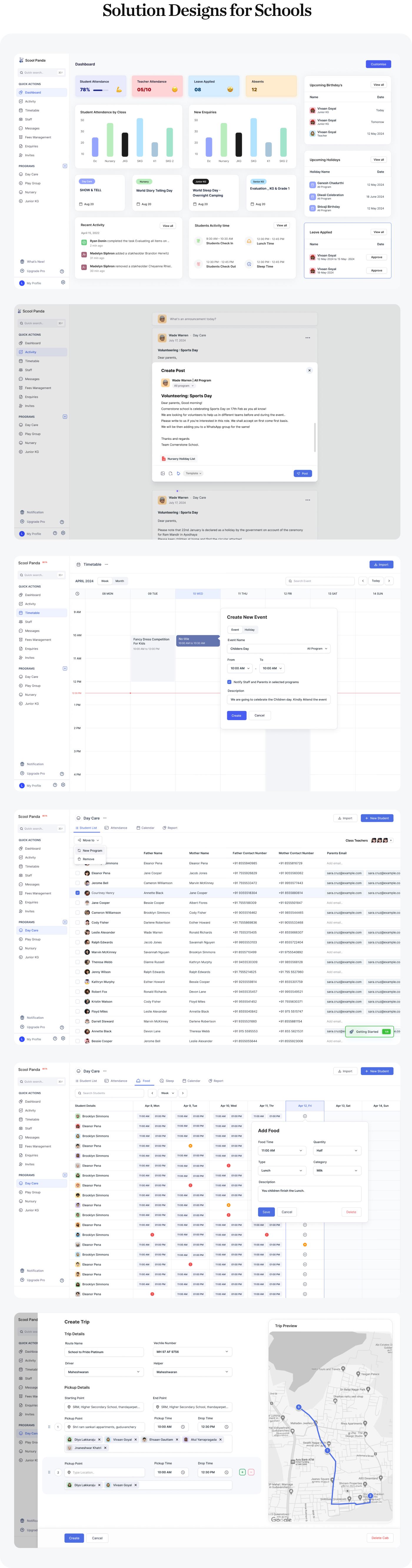 Scool Panda admin web dashboard - attendance, messaging, timetable, day care management, trip creation