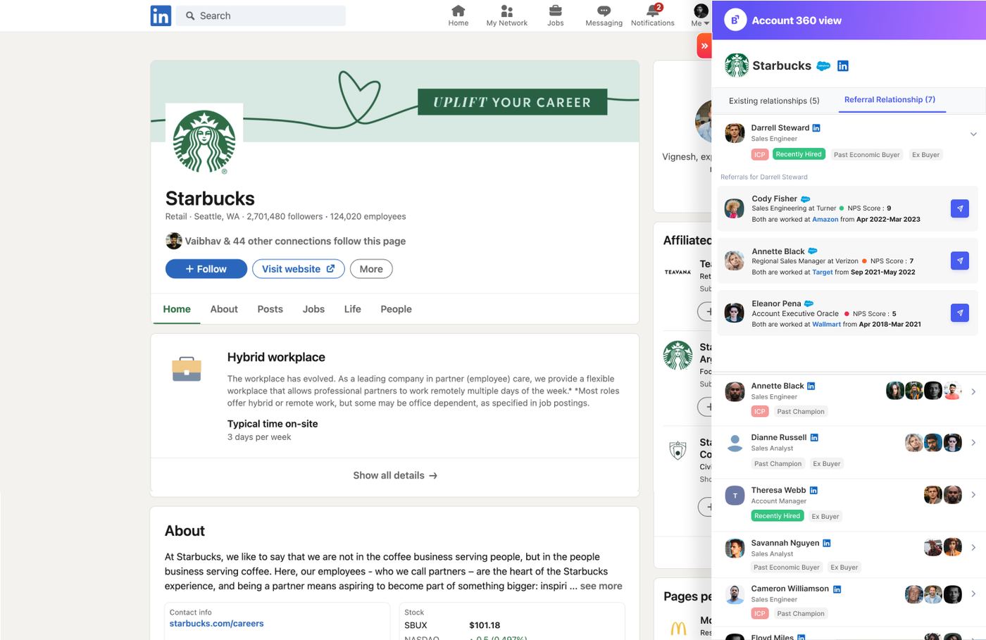 Account 360 view showing referral relationships surfaced on LinkedIn