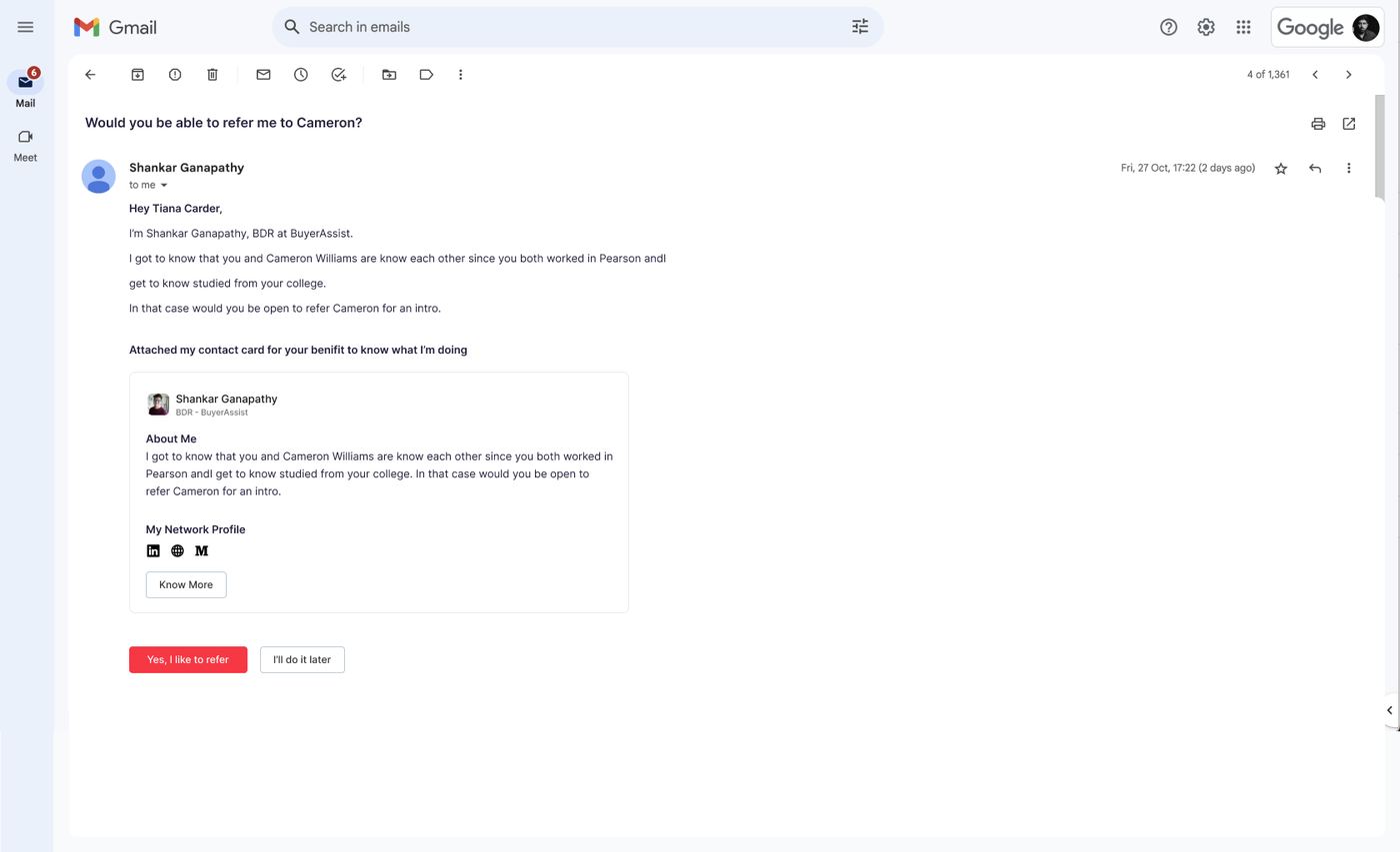 Automated referral request email with a one-click accept action