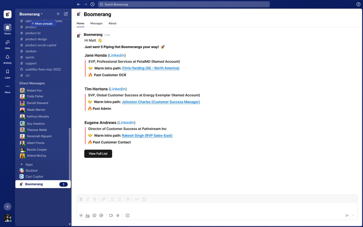 Slack bot delivering a daily digest of warm referral paths