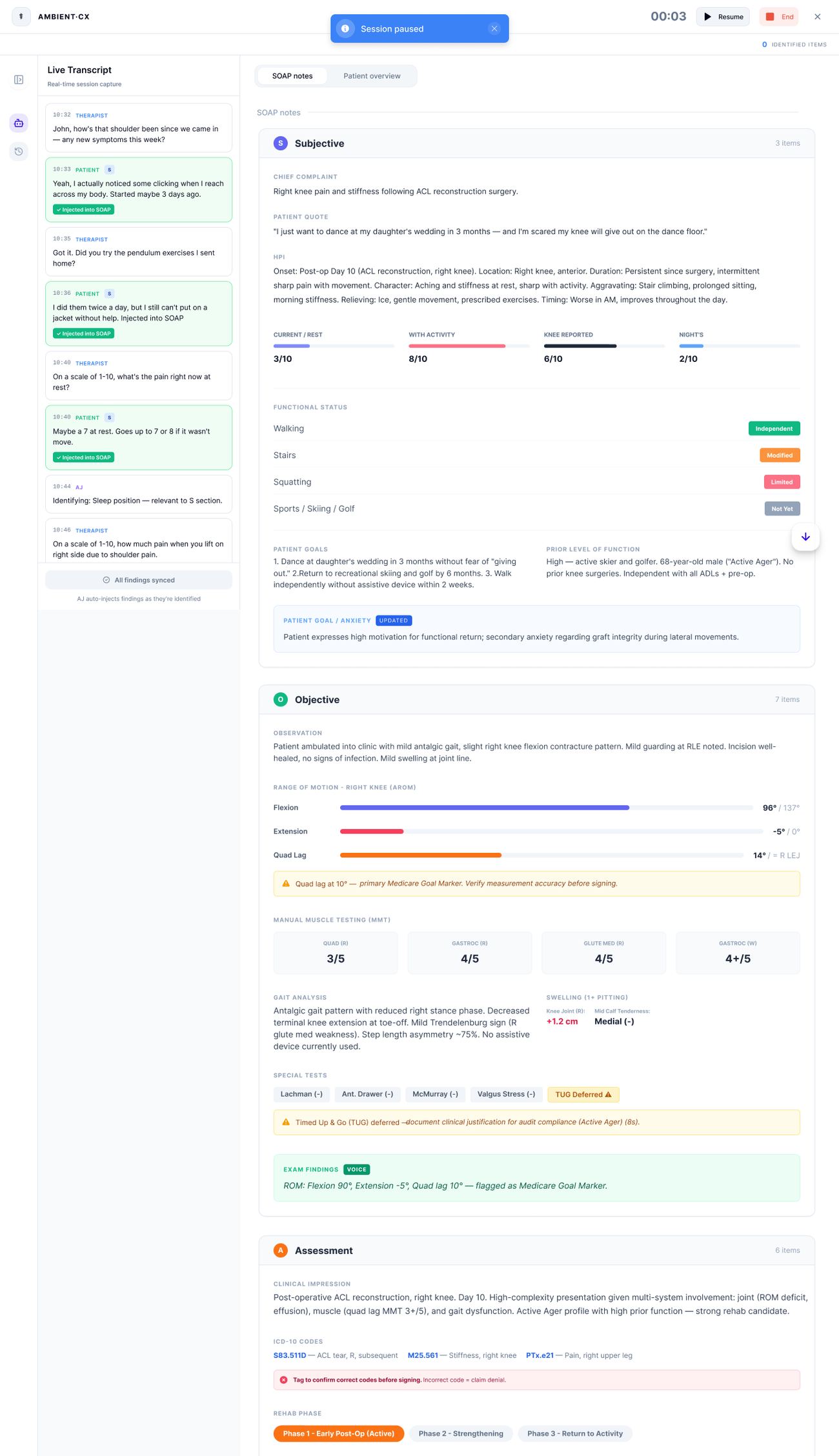 Live visit transcript auto-populating a structured SOAP note field by field