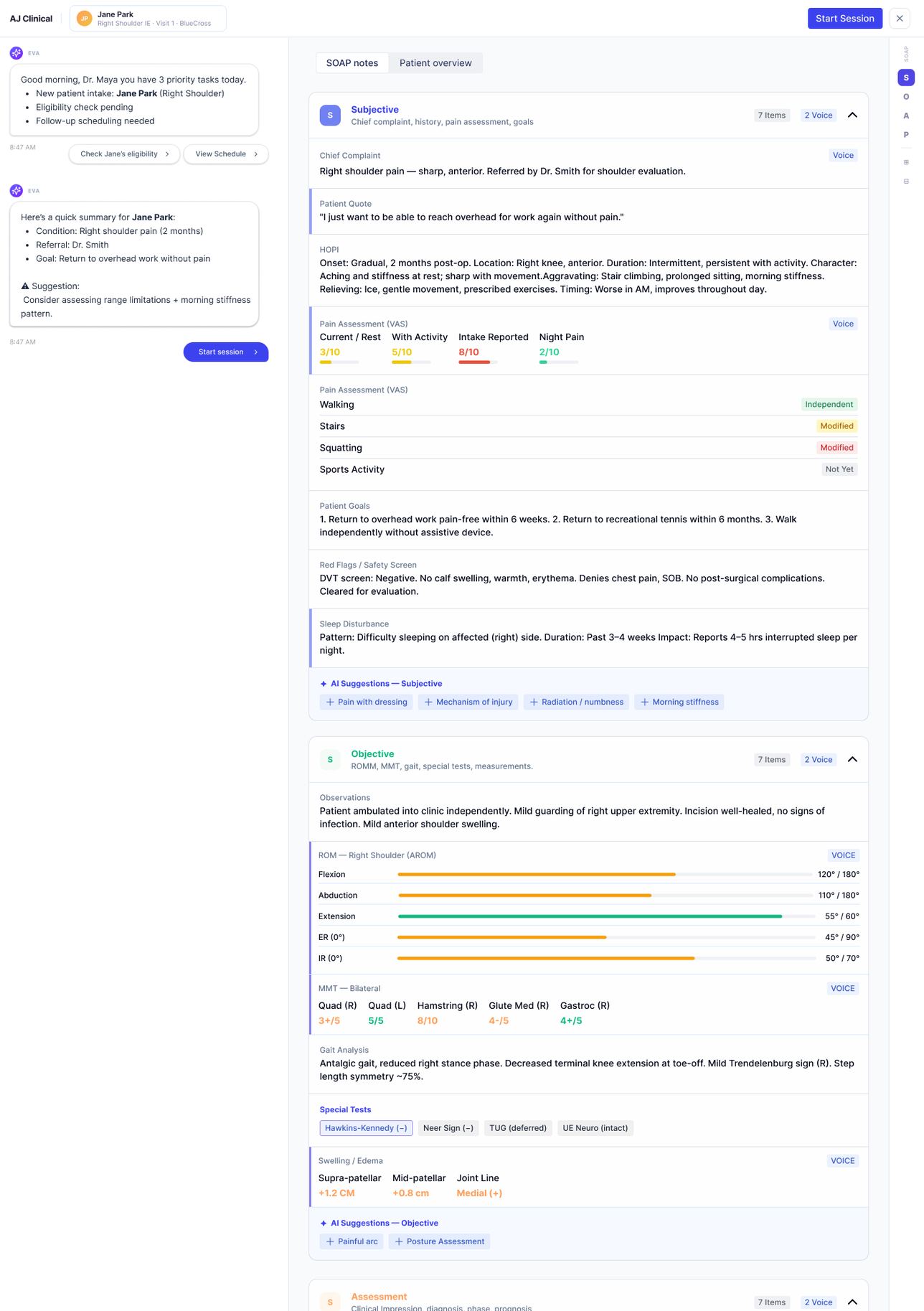 AJ Clinical AI assistant surfacing patient context alongside the structured clinical note