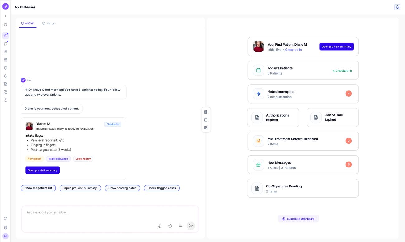 Delivered WebPT clinician dashboard with AI chat assistant, patients, and pending notes